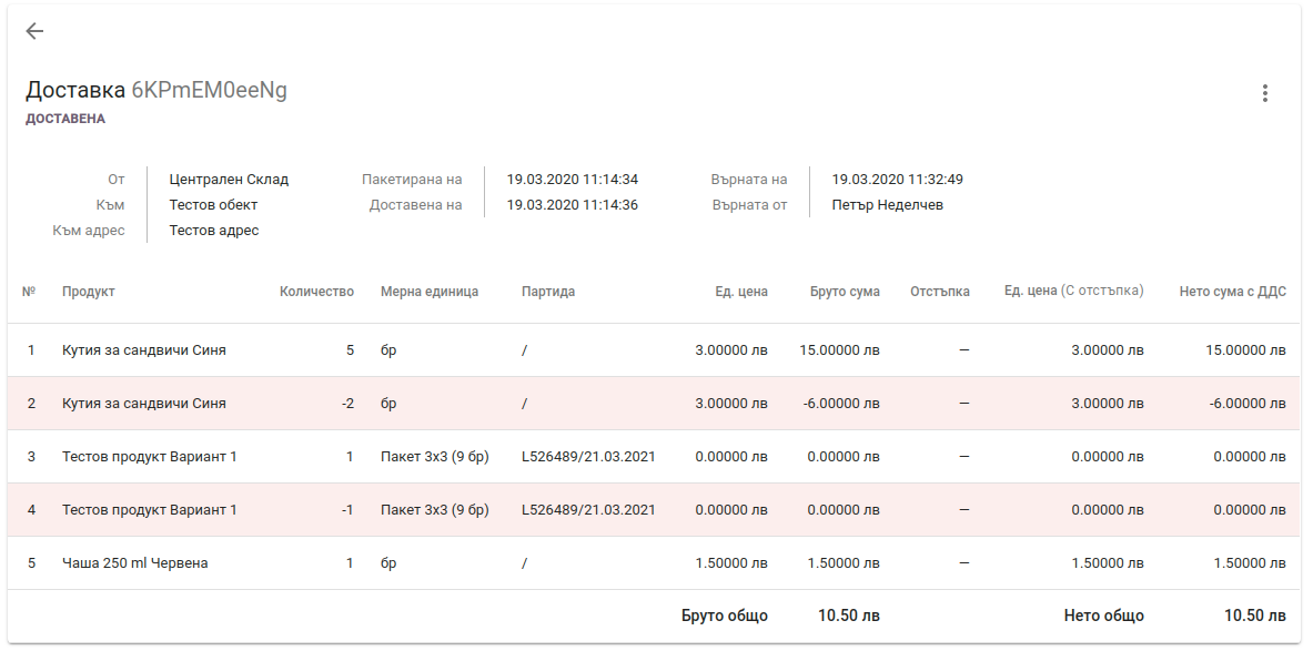 Детайли за доставка след връщане на стока Stock Return